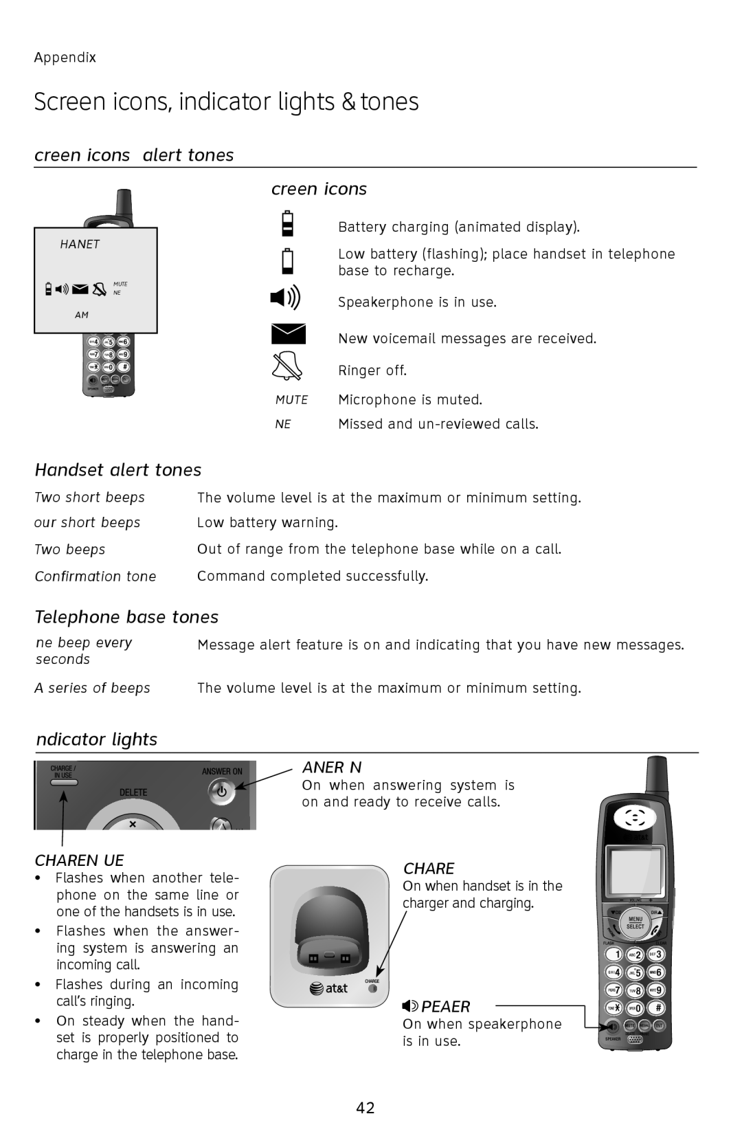 AT&T E2812B Screen icons, indicator lights & tones, Screen icons & alert tones, Handset alert tones, Telephone base tones 